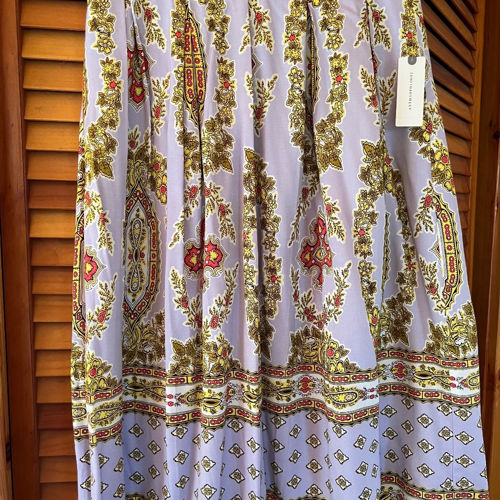 Anthropologie midi skirt, NWT. Size 8. Lavender w/  gold, coral, brown detail